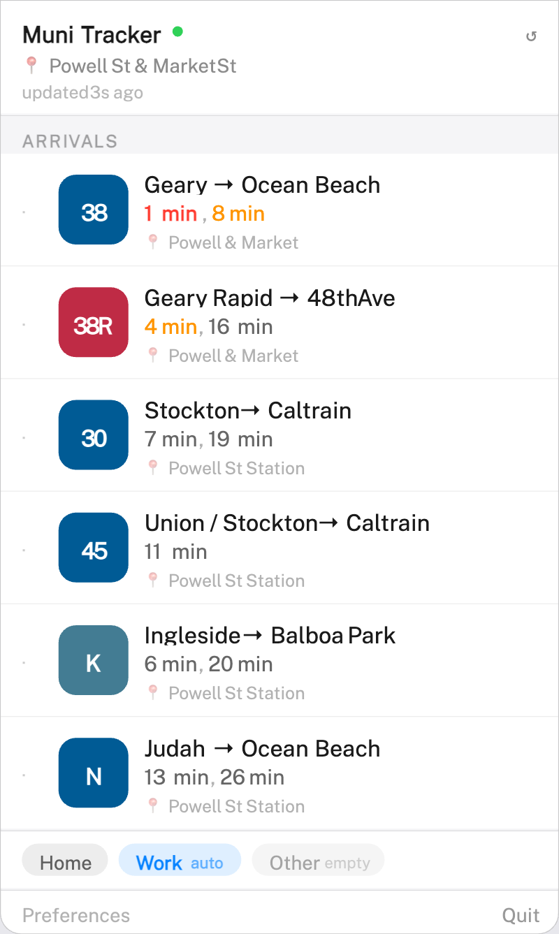 Nearby routes panel with live arrival times